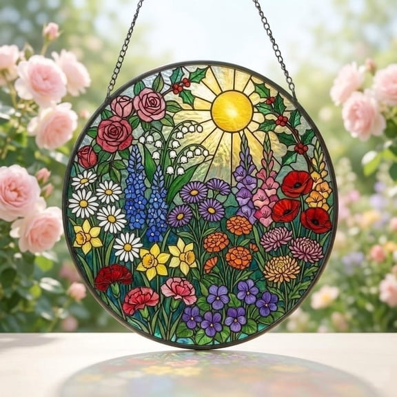 Birth Flower Garden Stained Glass Suncatcher, Flowers With Sun Window Hanging, Floral Forest Hanging Window Decor, Mom Grandma Gift