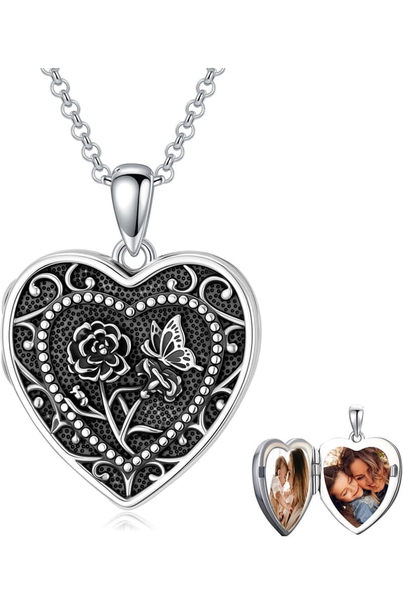 Birth Flower Locket Necklace for Women 925 Sterling Silver Flower Butterfly Heart Photo Locket Necklaces Birthday Jewelry Gifts for Mom Daughter Wife Sister