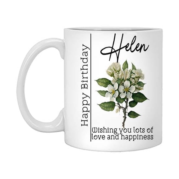 Birth Flower Mug Personalized Name Helen 11oz White Mug Gift, Birth Flower Gifts, Birth Flower Cup, Birth Flower Gifts for Women, Birthday Gift for Her, Custom Mug 616048