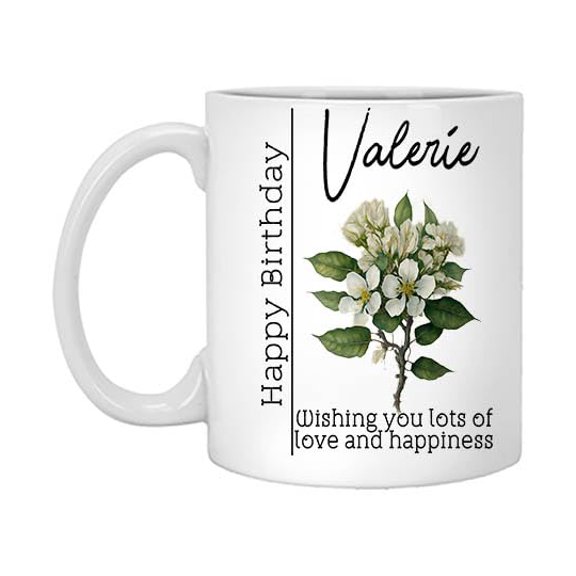 Birth Flower Mug Personalized Name Valerie 11oz White Mug Gift, Birth Flower Gifts, Birth Flower Cup, Birth Flower Gifts for Women, Birthday Gift for Her, Custom Mug 198461