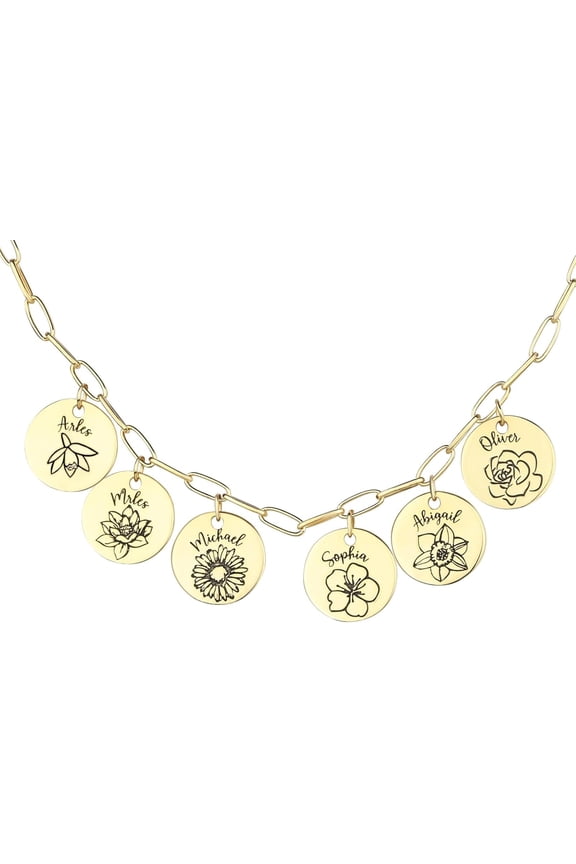 Birth Flower Name Necklace Custom Engraved Floral Disc Necklace Birth Month Flower Pendant Necklaces Birthday Gifts for Her Mom Sisters Friends