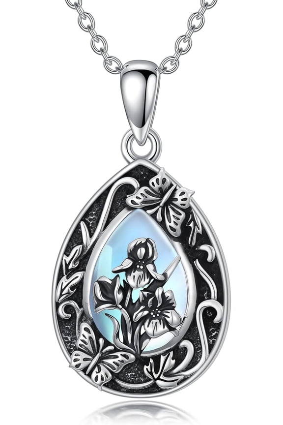 Birth Flower Necklace S925 Sterling Silver Floral Birth Teardrop Moonstone Necklaces Butterfly Floral Jewelry for Women Mom Birthday Gift