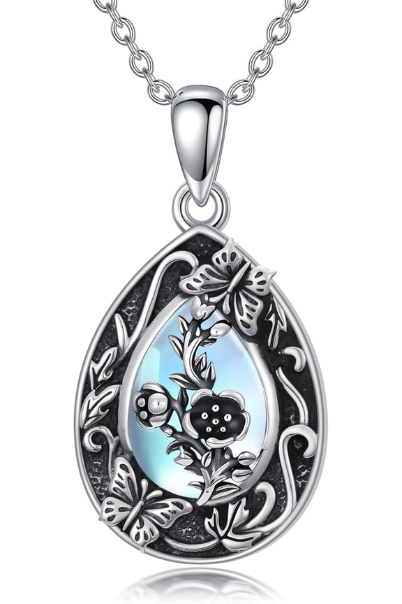 Birth Flower Necklace S925 Sterling Silver Floral Birth Teardrop Moonstone Necklaces Butterfly Floral Jewelry for Women Mom Birthday Gift
