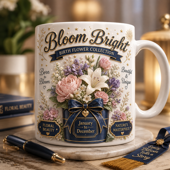 Birth Flower Personalized Coffee Cup, Floral Mug Gift for Birthday or Everyday Sips