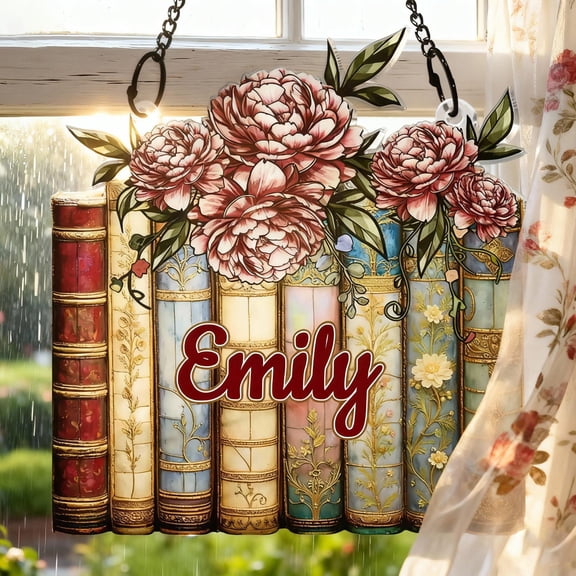 Birth Flower Personalized Custom Name Book Acrylic Suncatcher Window Hanging Home Decor