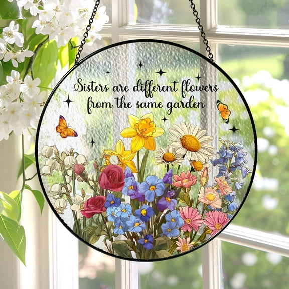 Birth Flower Stained Glass Suncatcher - Stained Glass Window Hanging Art,Floral Garden Design,Sisterhood Friendship Decor,Unique Gift for Sister & Friends,Indoor Outdoor Window Decor
