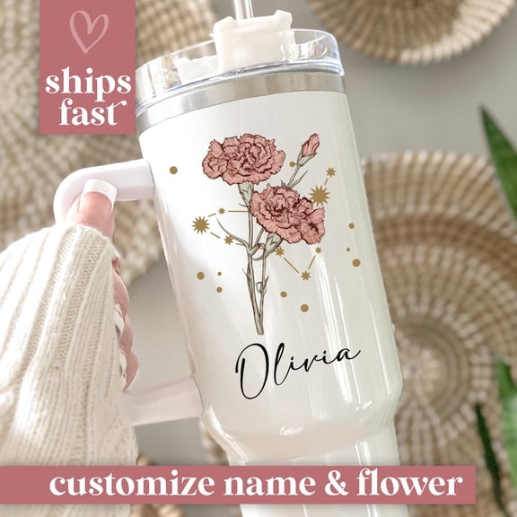 Birth Flower Tumbler, Personalized Birth Month Tumbler with Zodiac Sign Birth Flower Gift, Birth Flower Travel Cup with Name Birthday, 20 Oz
