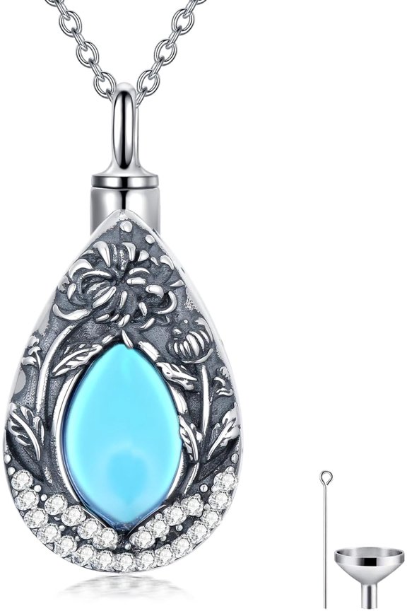 Birth Flower Urn Necklaces for Ashes 925 Sterling Silver Birth Month Flower Memorial Ash Moonstone Teardrop Cremation Jewelry for Women Men