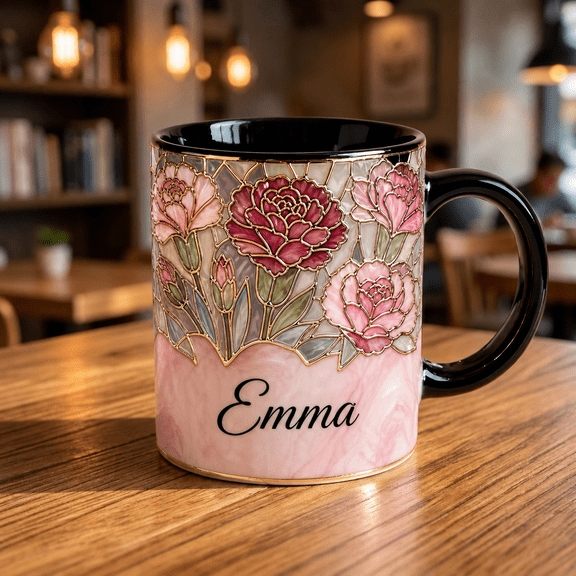Birth Month Flower Ceramic Mug Custom Name Stained Glass Style Personalized Gift