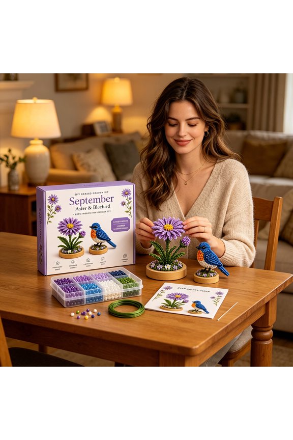 Her Birth Month Garden DIY Keepsake Gift, 3D Beaded Birth Flower Craft Kit with Bird & Butterfly, Handmade Mini Flower Garden Bead Art Gift for Women Mom Sister Teens (September)