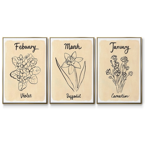 Birth Month I - Framed Premium Gallery Wrapped Canvas L Frame 3 Piece Set - Ready to Hang