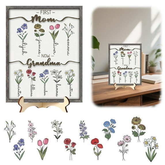 Birth Mouth Flower Wall Art with Picture Frames, Gifts For Mom, Grandma, Personalized Wood Plaque Wall Art Birthday Gifts Grandma Gifts from Grandkids, 20 x 25 cm