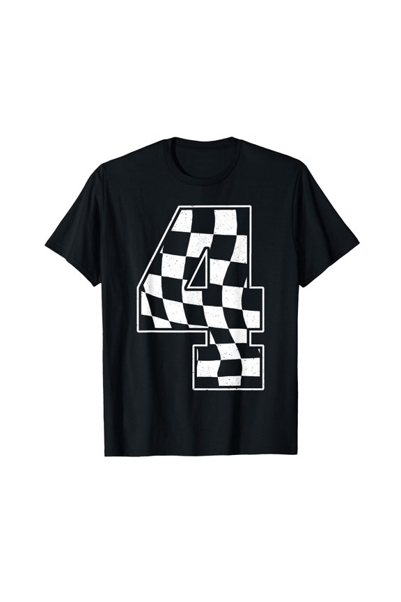 Birthday 4th Race Car Flag - Distressed Number '4' with Checkered Pattern - Double Sided Outdoor Decor