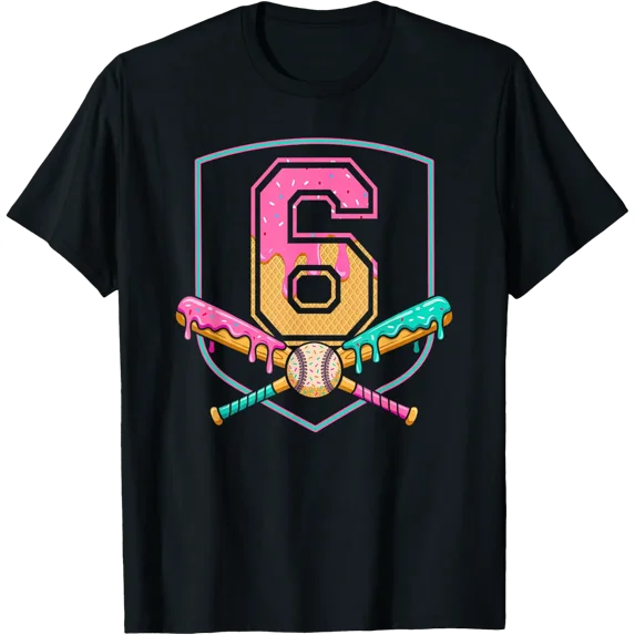 Birthday 6th Baseball Bat Ice Cream Drip 6 Years Old Celebration T ...