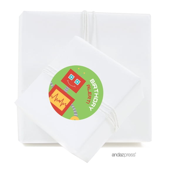 Birthday Alert Robot Birthday Round Circle Label Stickers, 40-Pack