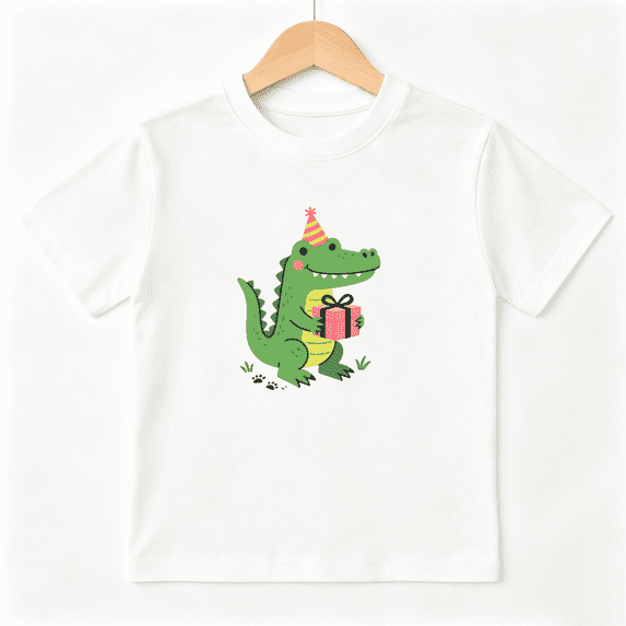 Birthday Alligator Gift Hat Boys Graphic Tee, Cute Party 100% Cotton Kids Short Sleeve T-Shirt 4-13Y
