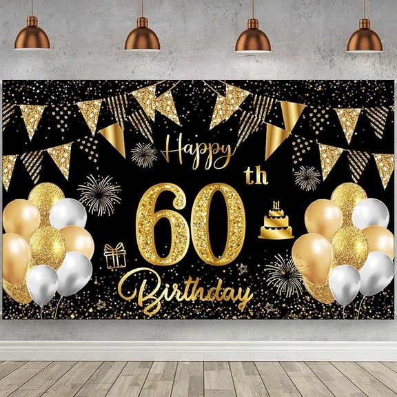 Birthday Backdrop Banner Black and Gold Photography Background for Men and Women Large Party Decorations Gift 180x110 cm
