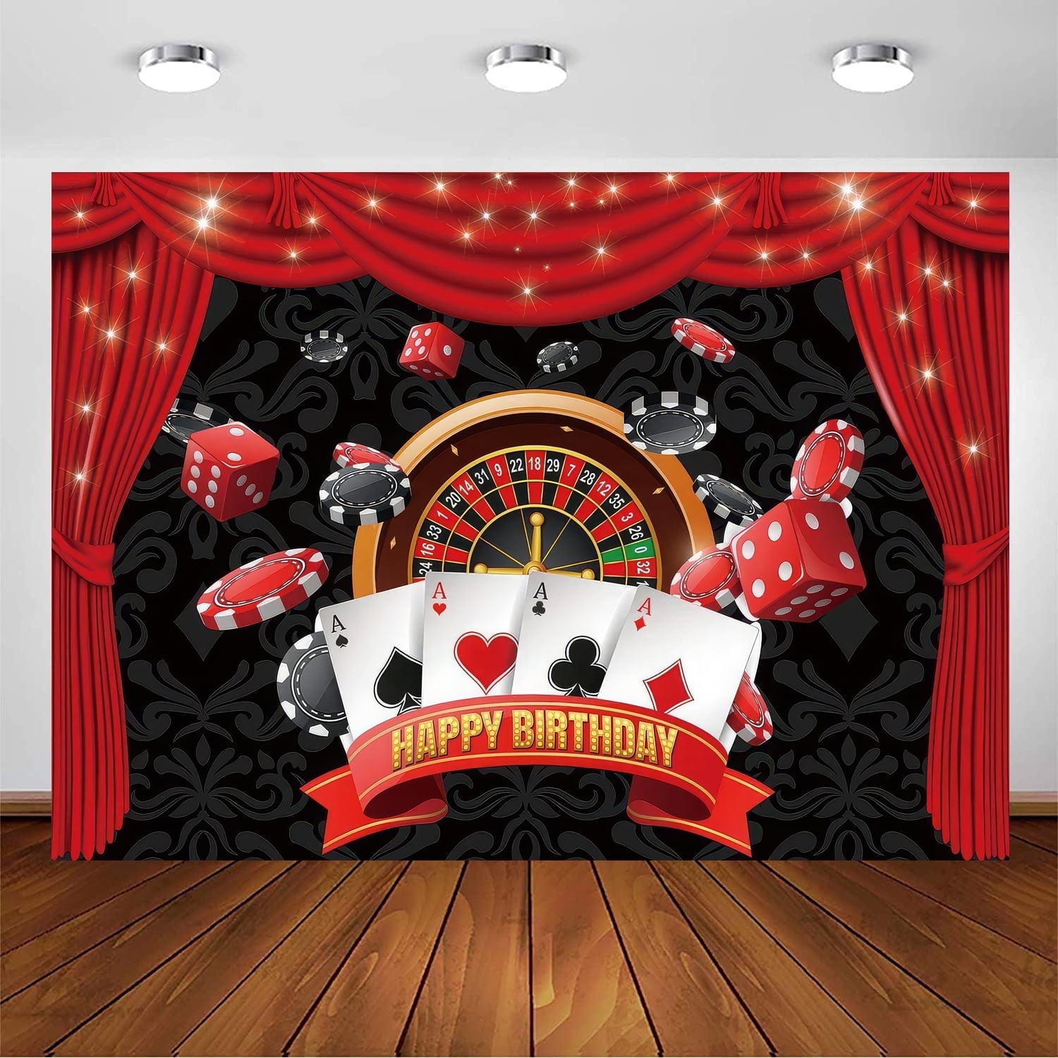 Birthday Backdrop Las Vegas Casino Night Party Background for Casino Theme Poker Dice Gold Glitter Happy Birthday Party Decorations Banner