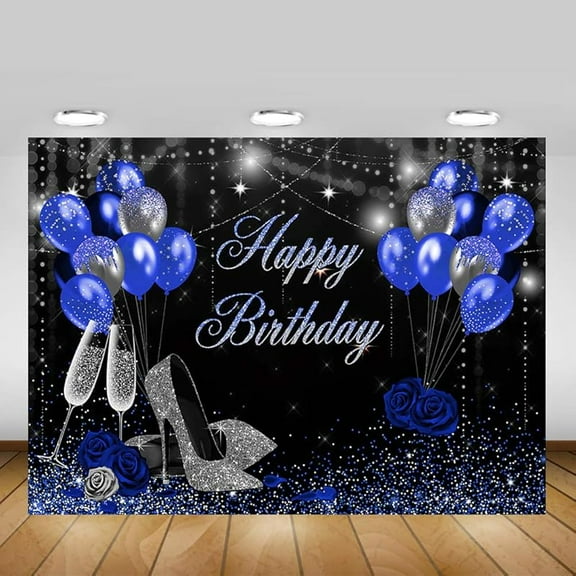 Birthday Backdrop for Women Silver Blue High Heels Happy Birthday Party Decoration for Girls Rose Party Banner Supplies Photography Background