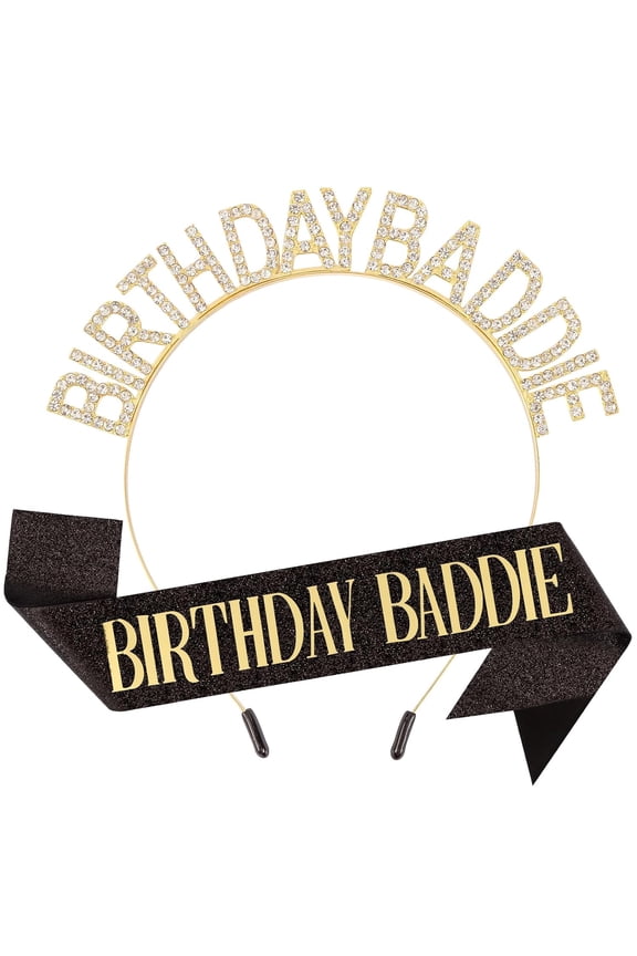 Birthday Baddie Sash Crown Set Birthday Gifts Party Favors Supplies Decorations & Accessories for Women Girl Adult Dress Outfits Rhinestone Tiara Headband Soft Satin Sash