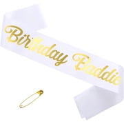 Birthday Baddie Sash, White Satin Sash with Gold Foil Cursive Text for Birthday Party, Photo Booth Props, with Safety Pin, 1 Pack