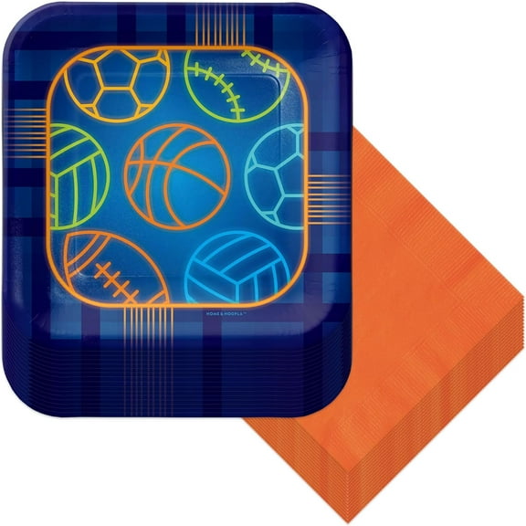 Birthday Baller Multi Sports Party Blue Square Paper Dessert Plates and Beverage Napkins (16 Plates & Napkins) - For Football, Baseball, Basketball, and Soccer (16 Plates & Napkins)