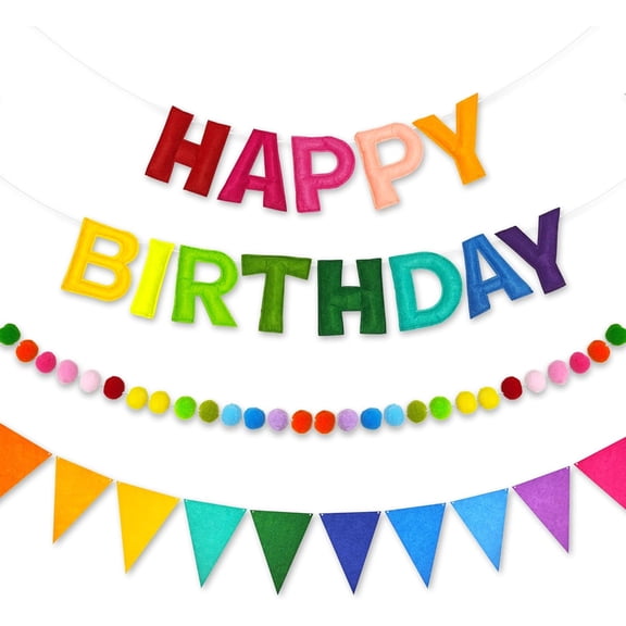 Birthday Banner, 3 PCS Happy Birthday Felt Sign, Pom Pom Garland, Triangle Fabric Bunting, Colorful Reusable Birthday Decorations for Women Men Girls Boys, Multi