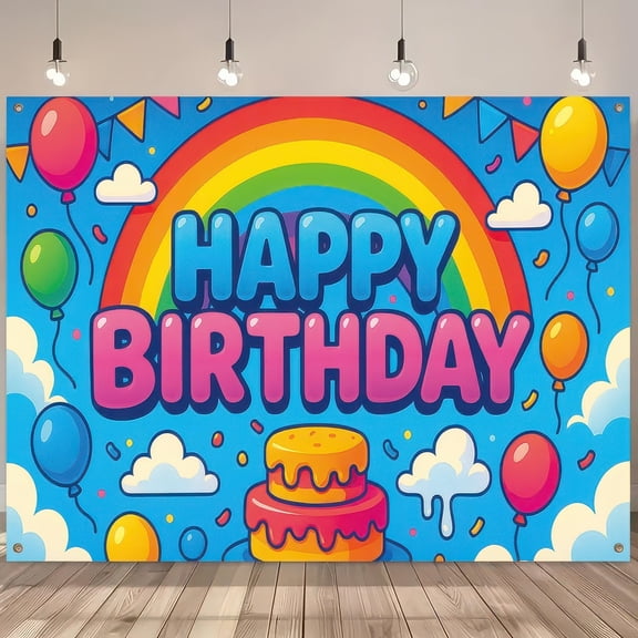 Birthday Banner 71x43 Inch, Large Happy Birthday Backdrop Decorations, Colorful Rainbow Balloon Photo Booth Background for Kids Boys Girls Indoor Outdoor Party
