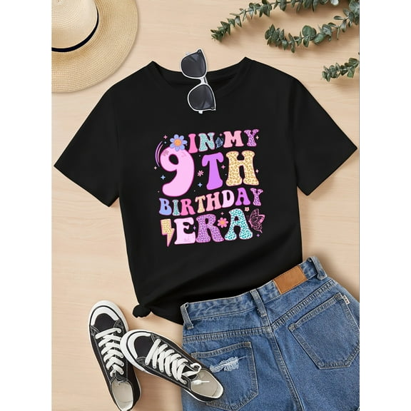 Birthday Bash" In My 9th Birthday Era" Graphic Print Girls' T-Shirt - Soft & Stretchy Crew Neck Short Sleeve Tee, Vibrant Colorful Design with Flowers & Confetti, Perfect for Summer Fun, Fits Ages 8-