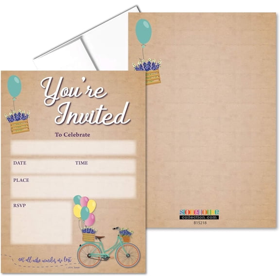 | Birthday Bicycle Invitations. | Rustic Fill-in Party Invitations With Envelopes | 25 Invites & Envelopes | Wedding, Baby Shower, Rehearsal Dinner, Birthday Party
