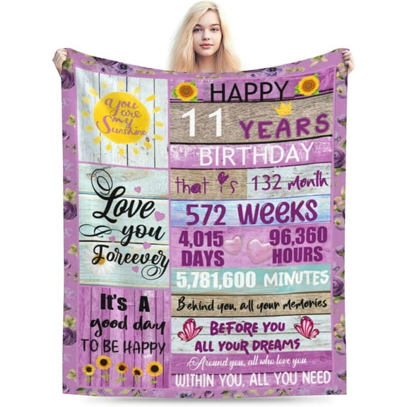 Birthday Blanket for 11 Years Old Girl - 11th Birthday Gift Ideas - 11th Birthday Decorations Throw Blanket for Girls Daughter Granddaughter Niece, 50x60 inch