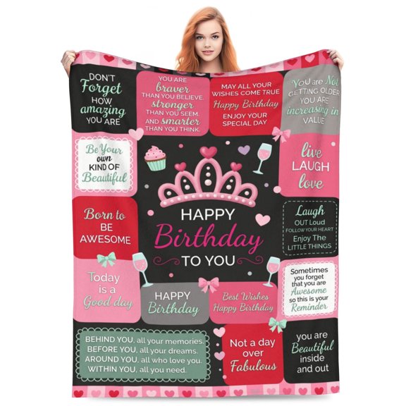 Birthday Blanket, Flannel Happy Birthday Print, All Season Throw, Warm Soft Plush Cozy Blanket 50x40