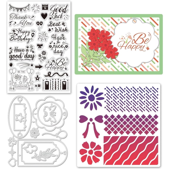 Birthday Blessings Label Silicone Clear Stamps Metal Birthday Background Cutting Die Cuts PET Paint Craft Stencils Template for Card Making and DIY Embossing Scrapbooking Craft Decor Grey 1bag