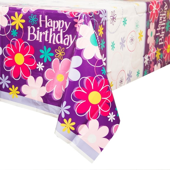 Birthday Blossom Plastic Party Tablecloth, 84 x 54in