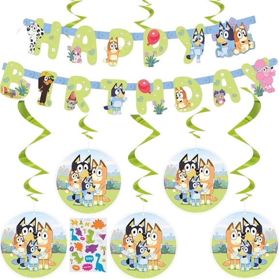 Birthday Bluey Party Decorations Set  Officially Licensed Banner & 6 Hanging Swirls