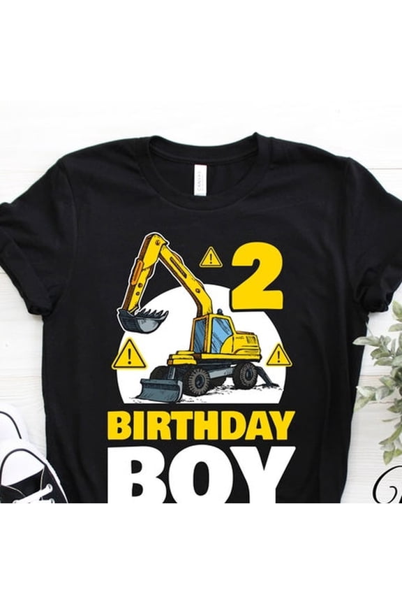 Birthday Boy 2nd Birthday Excavator Construction Vehicle T-Shirt, Two Years old TShirt, Gift present Party boys Kids Excavator Lover Outfit,