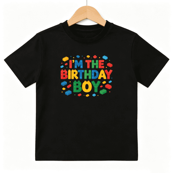 Birthday Boy Blocks Boys Graphic Print T-Shirt, Colorful Toy Brick Theme 100% Cotton Kids Short Sleeve Tee