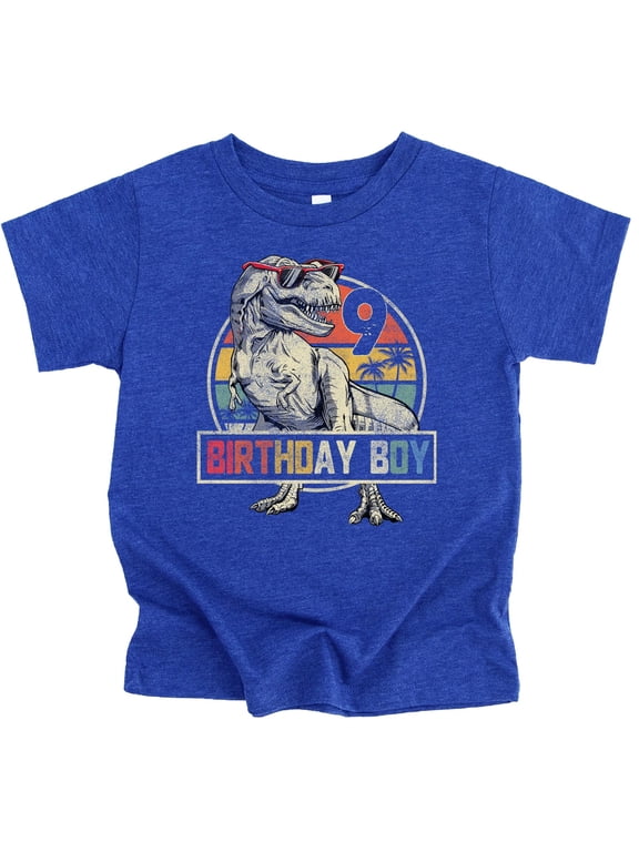 Birthday Boy Cool T-Rex in Sunglasses Shirt for Kids 9th Birthday Dinosaur Theme Tee Vintage Royal Shirt Youth Large