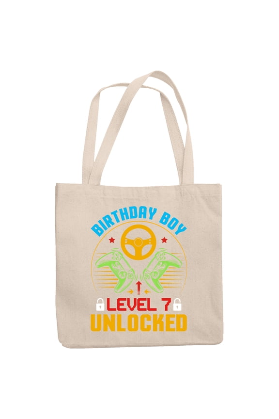 Birthday Boy Level 7 Unlocked, 7th Bday of a Video Gamer, 12oz Canvas Tote Bag