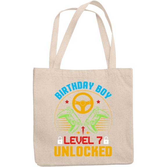 Birthday Boy Level 7 Unlocked, 7th Bday of a Video Gamer, 12oz Canvas Tote Bag