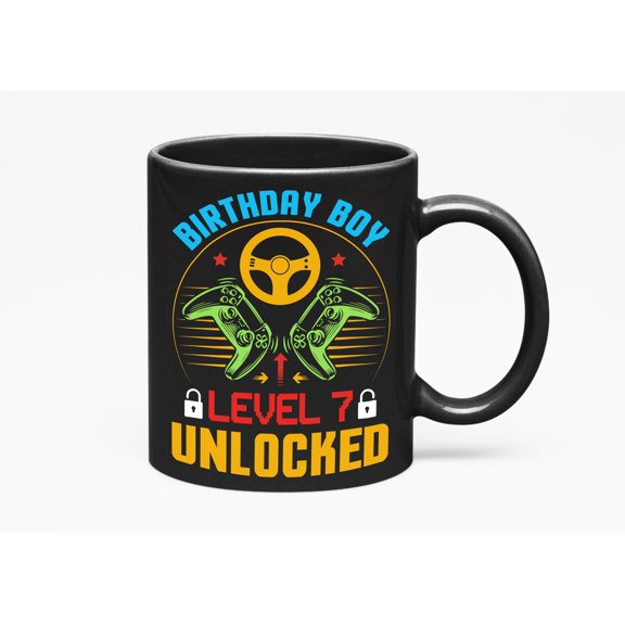Birthday Boy Level 7 Unlocked - 7th Bday of a Video Gamer, Black 11oz Ceramic Mug