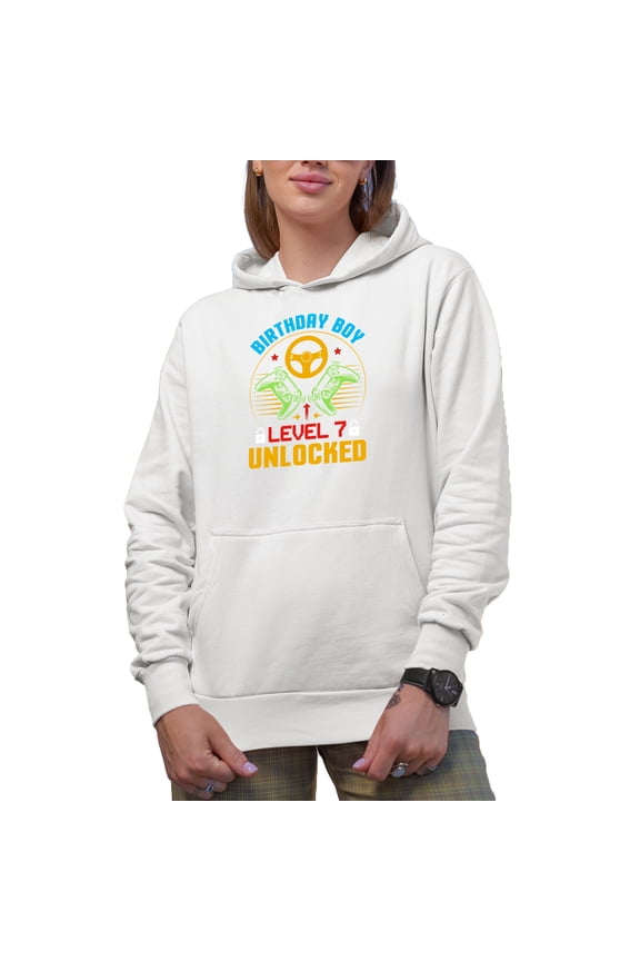 Birthday Boy Level 7 Unlocked, 7th Bday of a Video Gamer, White Hooded Sweatshirt or Hoodie, Small