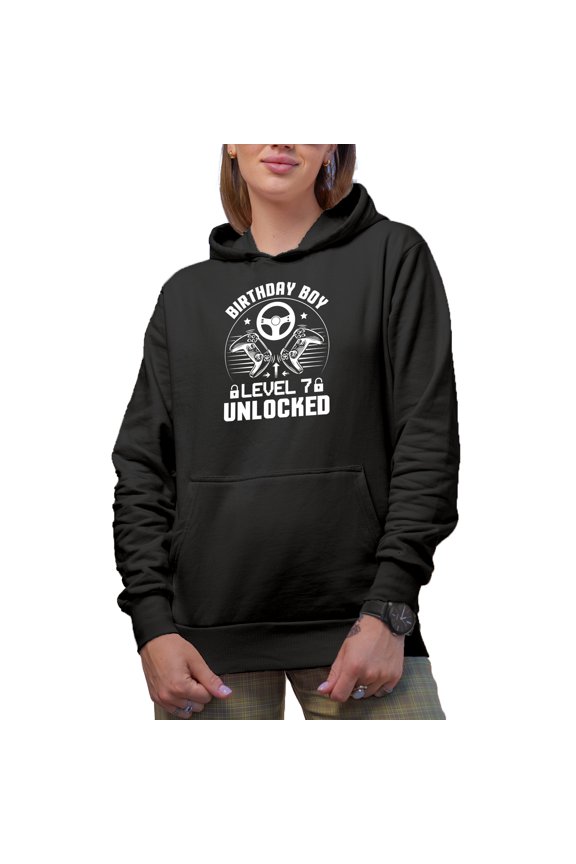 Birthday Boy Level 7 Unlocked - Video Gamer's 7th Bday, Black Hooded Sweatshirt or Hoodie, Medium
