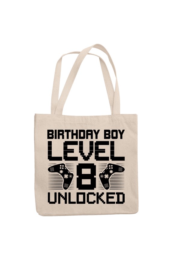Birthday Boy Level 8 Unlocked, 8th Bday of a Video Gamer, 12oz Canvas Tote Bag