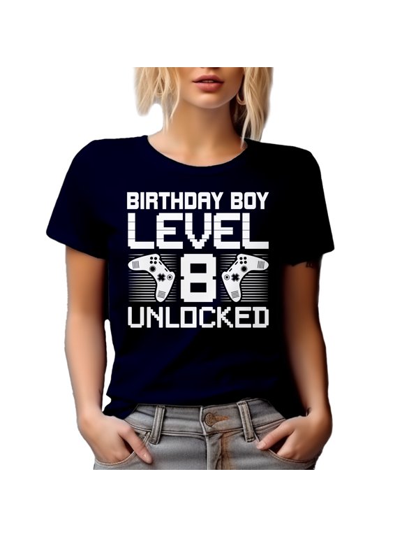 Birthday Boy Level 8 Unlocked - 8th Bday of a Video Gamer, Navy Blue T-Shirt, XL