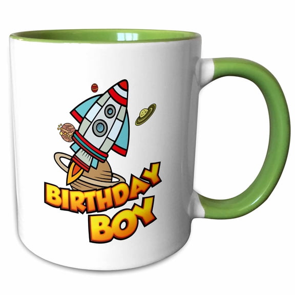 3drose, Birthday Boy Rocket Space Ship Planets Exploration, 11oz Two-tone Green Mug