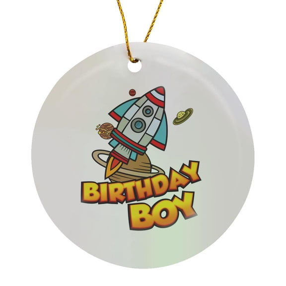 3drose, Birthday Boy Rocket Space Ship Planets Exploration, Circle Porcelain Ornament