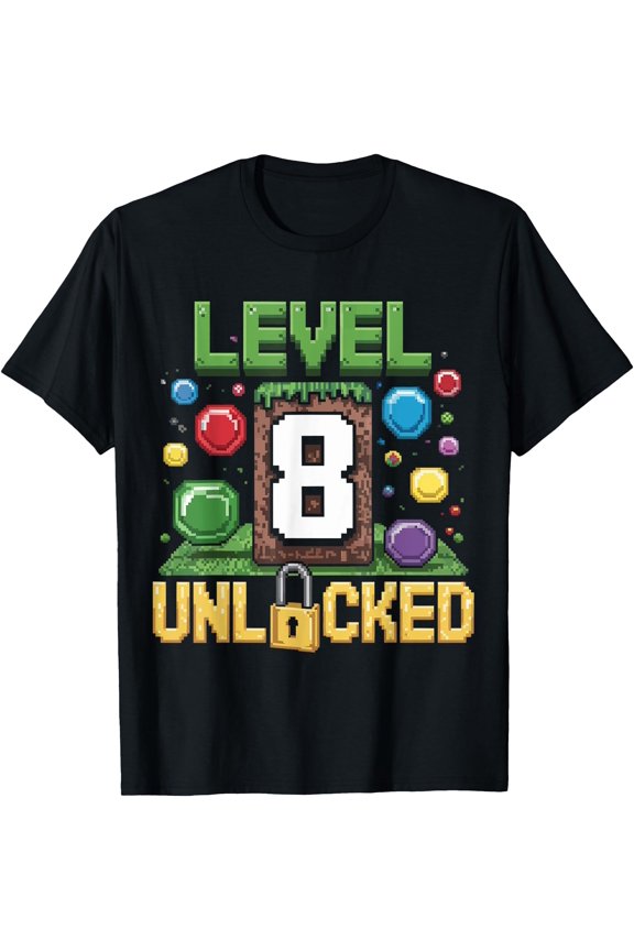 Birthday Boy Shirt Level 8 Unlocked 8Th Birthday Game Pixel T-Shirt