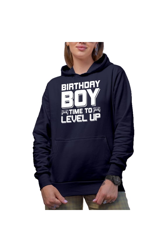 Birthday Boy Time to Level Up - Bday of a Video Gamer, Navy Blue Hooded Sweatshirt or Hoodie, XL