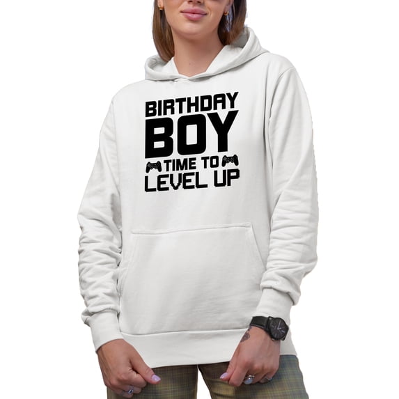 Birthday Boy Time to Level Up, Bday of a Video Gamer, White Hooded Sweatshirt or Hoodie, Small